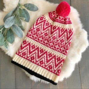 Pink & Cream Patterned Knit Beanie Pom Pom
